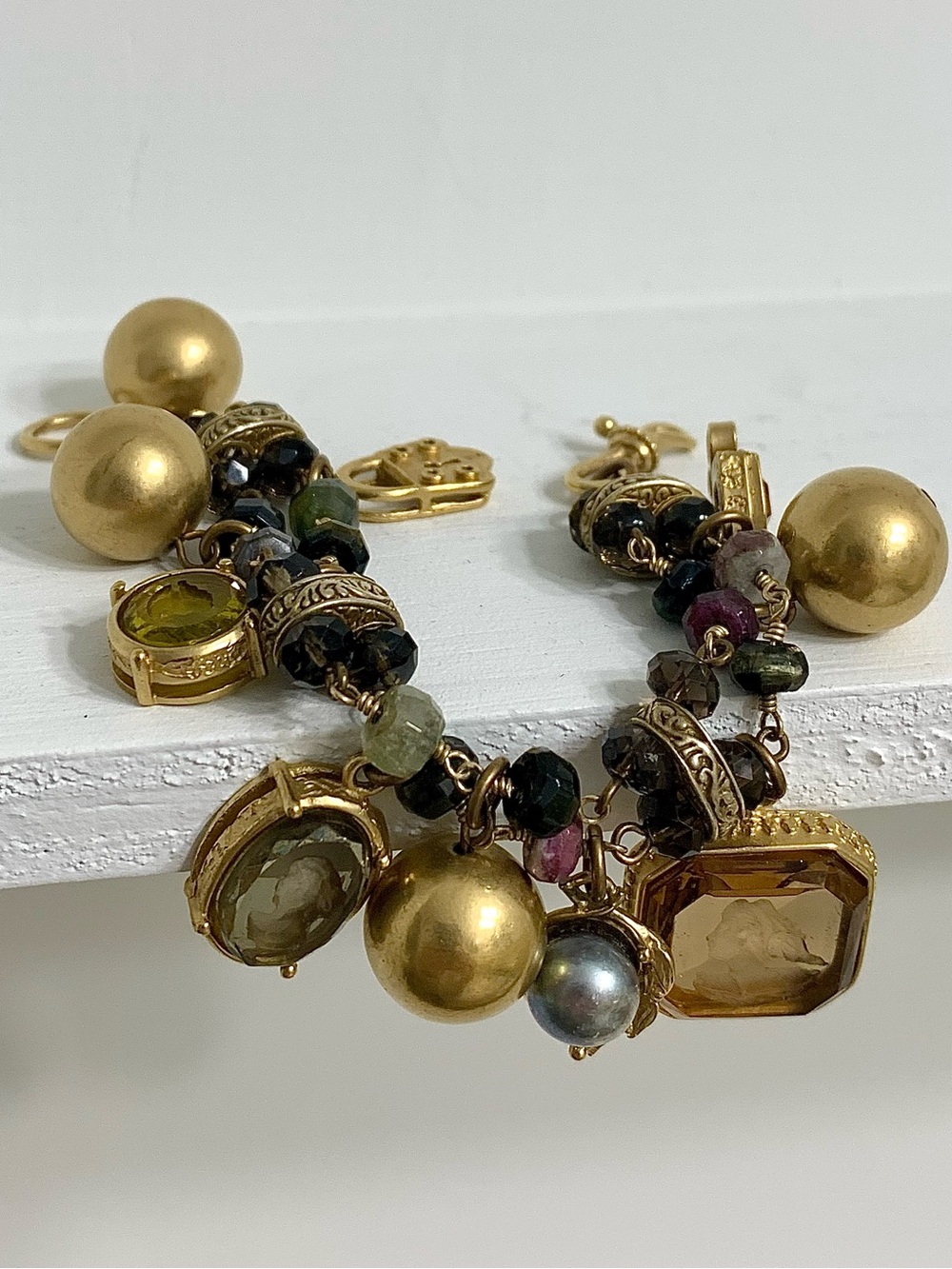 Extasia Autumn Glass Cameo Charm Bracelet Signed Double Brass Chain 7” Small